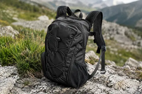 Sac à dos pliable noir de 20 litres posé sur un sol minéral, avec poche frontale à cordon et bretelles en mesh.