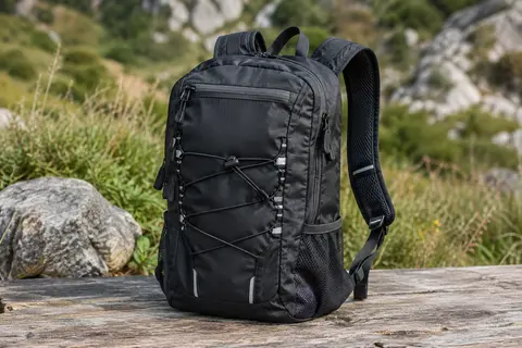 Sac à dos pliable noir de 30 L posé sur une table de bivouac, avec poches zippées et cordon élastique avant