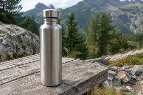 Gourde de randonnée argentée en acier inoxydable posée sur une table de bivouac en bois