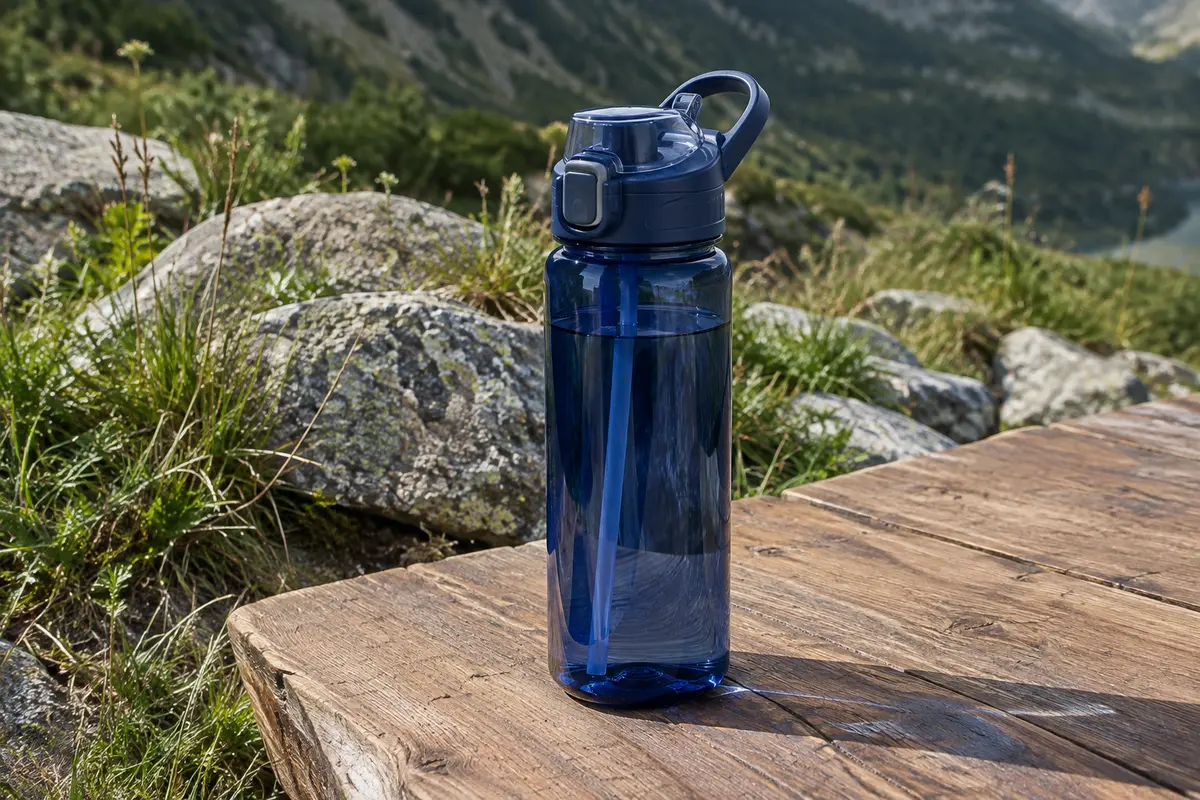 Gourde de randonnée bleu nuit en Tritan avec paille rabattable, posée sur une table de bivouac en bois.