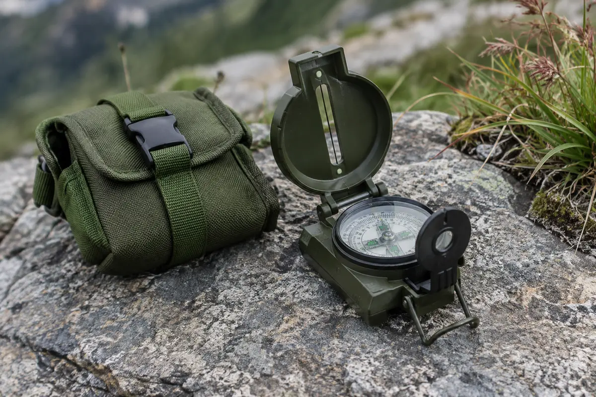 Boussole lensatique vert armée avec son étui, posée sur une pierre grise en montagne.