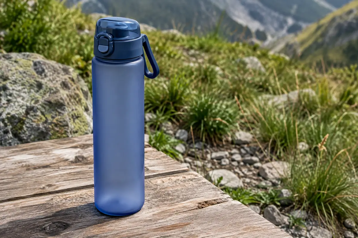 Gourde bleu myrtille en Tritan givré avec bec protégé, bouton-poussoir et boucle de transport.