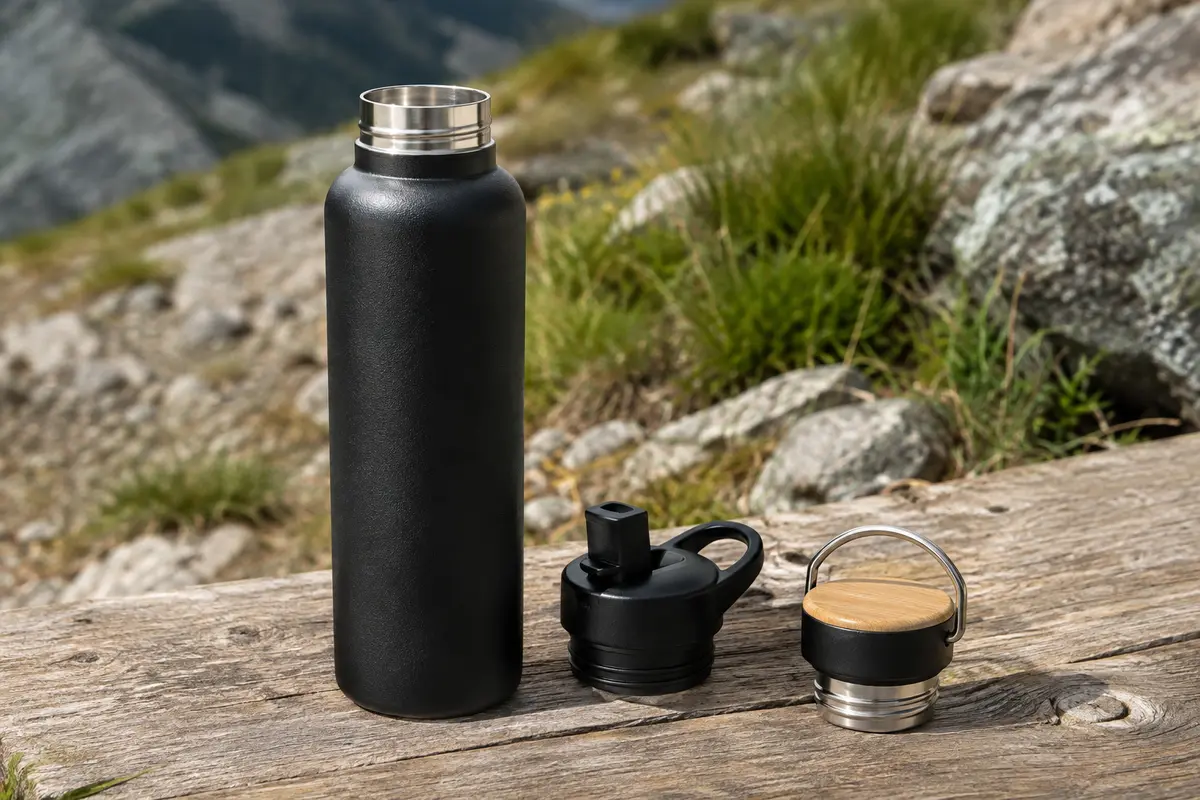 Gourde isotherme noire en inox avec bouchon sport et bouchon à anse, posée sur une table de bivouac.