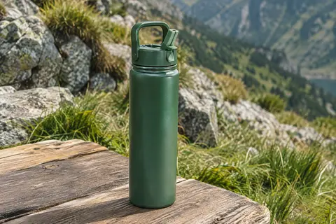 Gourde isotherme vert jade en inox avec poignée ergonomique et paille rabattable sur une table de bivouac