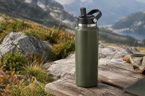 Gourde isotherme vert armée en inox avec paille rabattable et poignée, posée sur une table de bivouac.