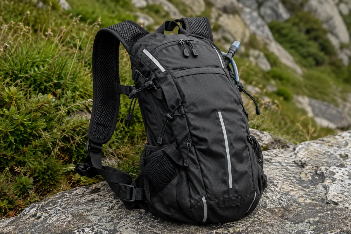 Sac d’hydratation noir compact avec bretelles réglables et bandes réfléchissantes posé sur une pierre