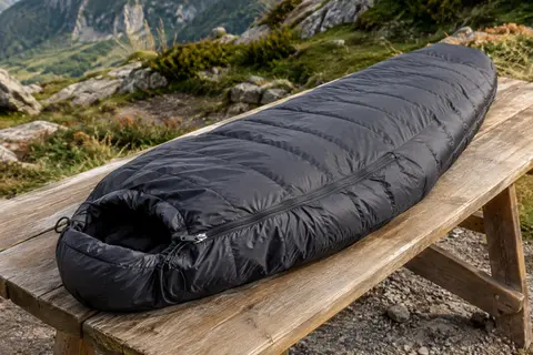 Sac de couchage momie charbon avec capuche et fermeture éclair posé sur une table de bivouac en bois