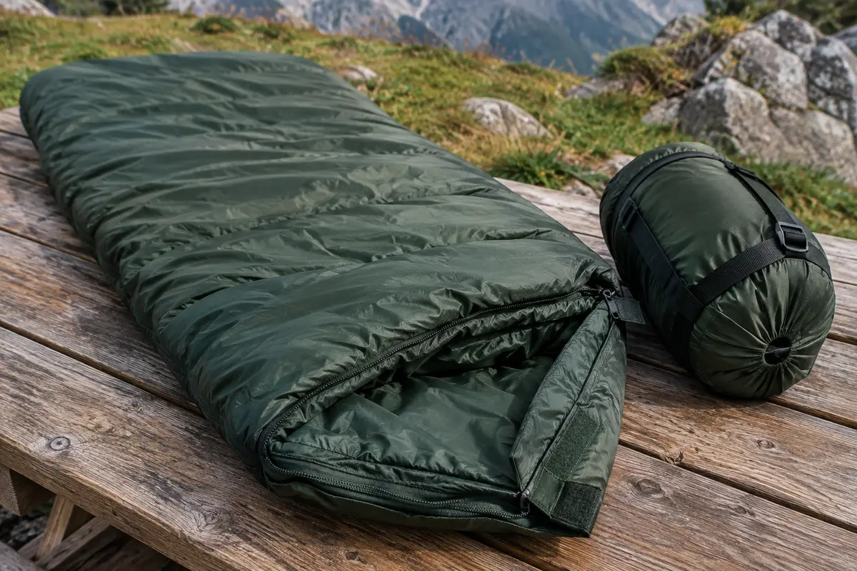 Sac de couchage rectangulaire vert forêt ouvert sur une table de bivouac, avec son sac de compression