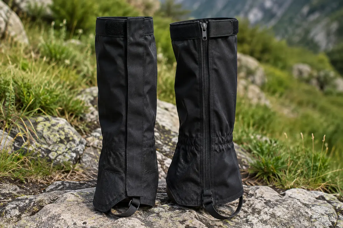 Paire de guêtres noires avec zip arrière et fermetures ajustables posée sur un sol minéral