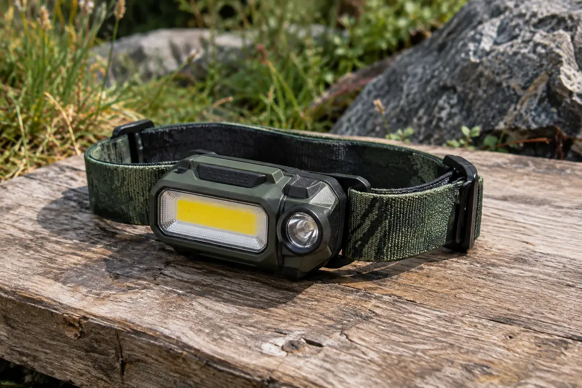 Lampe frontale rechargeable à double faisceau posée sur une table de bivouac en bois brut