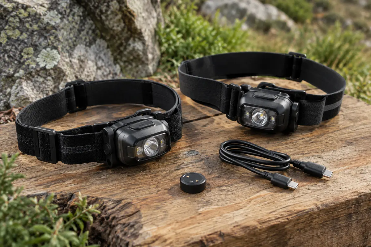 Deux lampes frontales noires avec bandeaux réglables et câble USB-C posées sur une table de bivouac en bois brut.