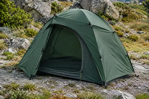 Tente dôme verte pour une personne installée sur un sol minéral en montagne