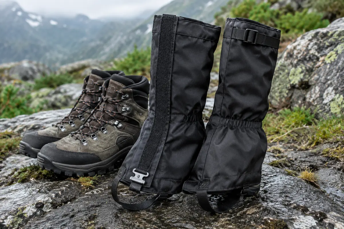 Guêtres de randonnée noires en nylon 1000D avec fermeture autoagrippante et sangle sous le pied
