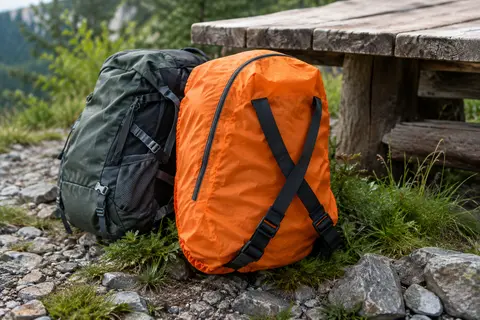 Housse de pluie orange pour sac à dos compact, avec sangles croisées réglables, posée sur un sol minéral.