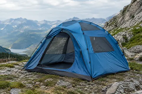 Tente dôme bleue pour deux personnes installée sur un sol minéral dans un décor de montagne