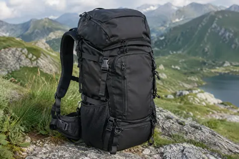 Sac à dos de randonnée noir avec poches zippées, bretelles rembourrées et attaches extérieures Molle