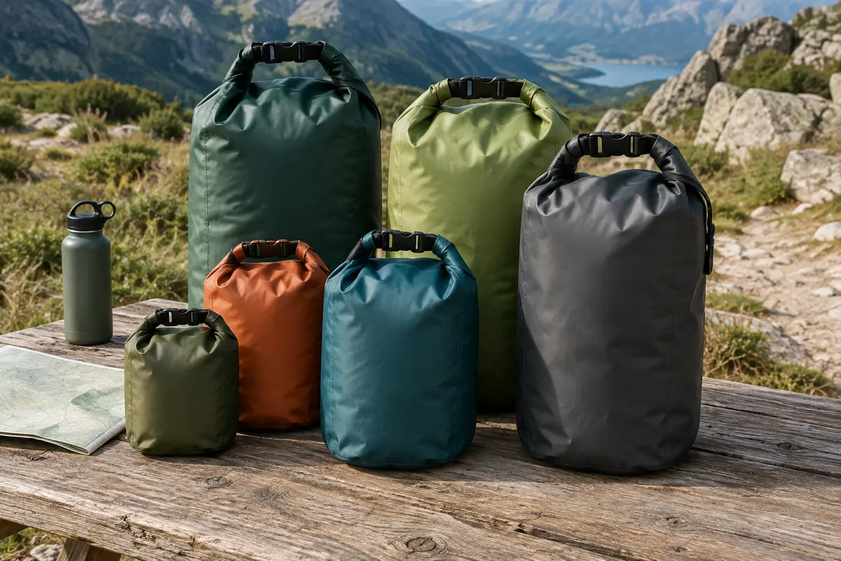 Six sacs étanches pliables de volumes assortis posés sur une table de bivouac en bois