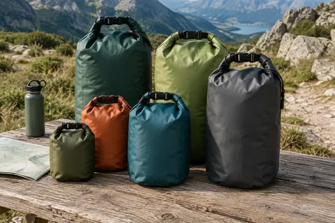 Six sacs étanches pliables de volumes assortis posés sur une table de bivouac en bois