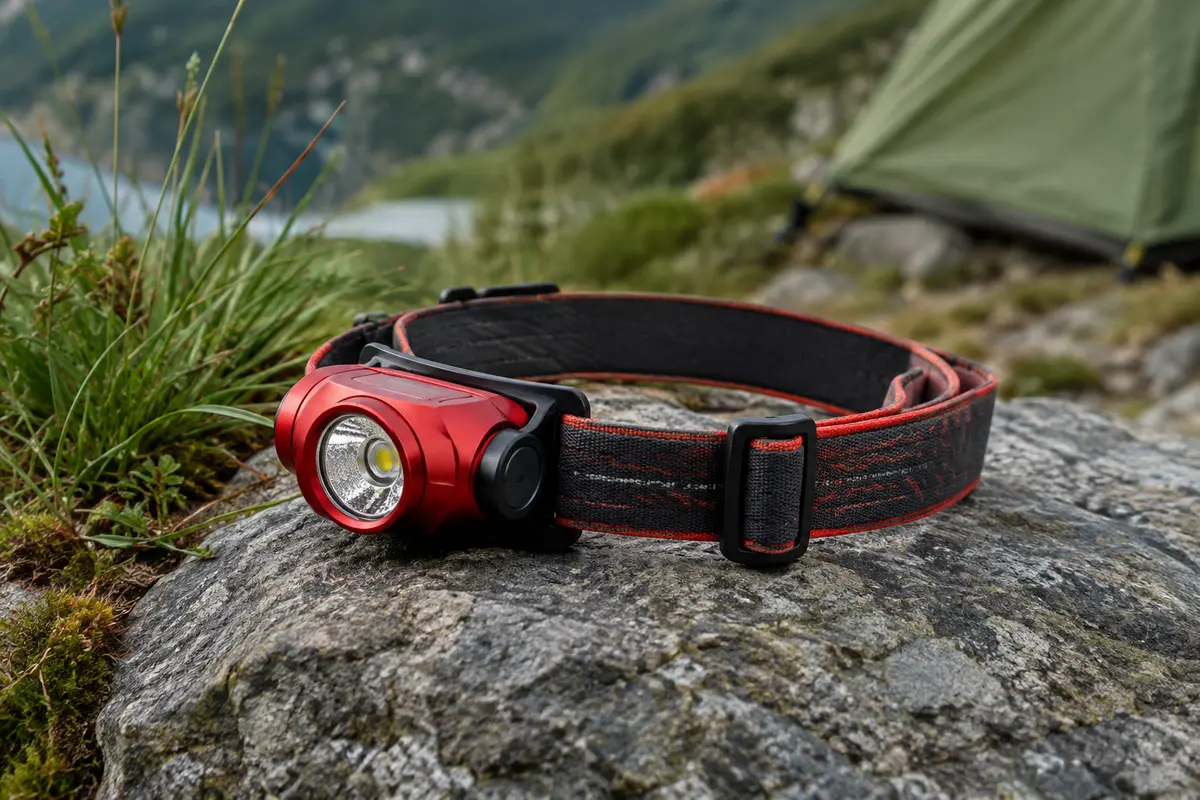 Lampe frontale Vinabo rouge en aluminium avec bandeau élastique, posée sur une pierre près d’un bivouac.
