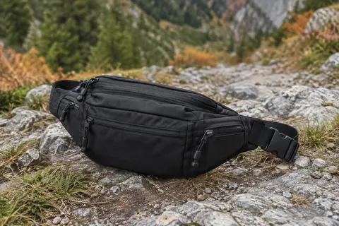 Sac banane noir en nylon à quatre poches zippées posé sur un sol minéral de montagne.