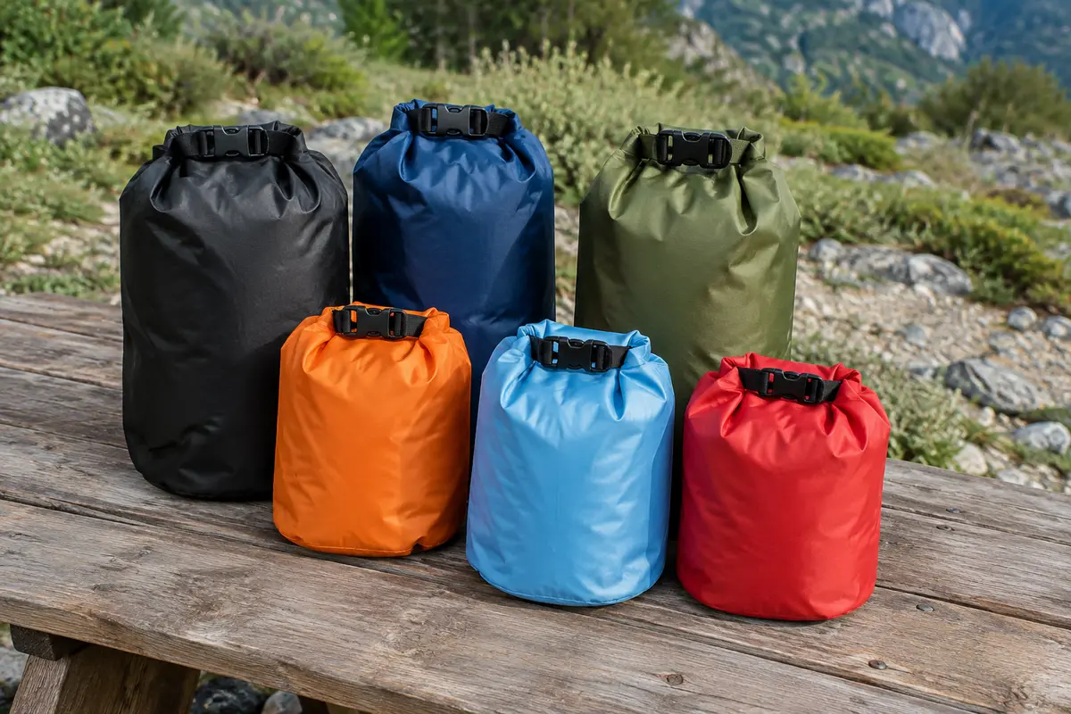Six sacs étanches souples de volumes différents posés sur une table de bivouac en bois brut.