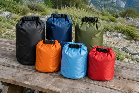 Six sacs étanches souples de volumes différents posés sur une table de bivouac en bois brut.