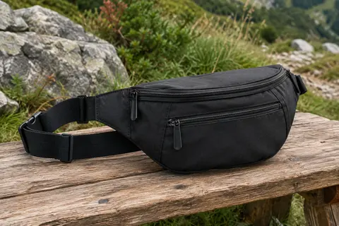 Sac banane noir en polyester posé sur une table de bivouac en bois brut, avec sa sangle réglable visible.