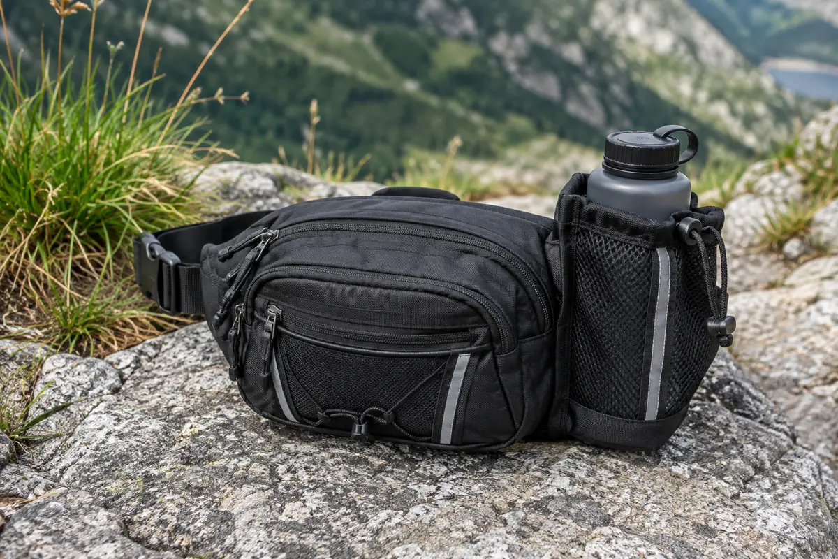 Sac banane de randonnée en nylon noir avec porte-bouteille, posé sur un sol minéral en montagne.