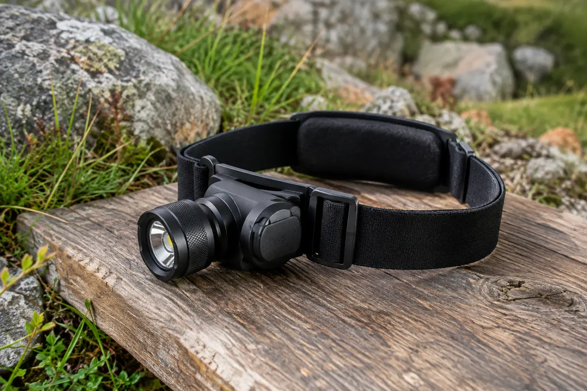 Lampe frontale noire à tête orientable et bandeau réglable posée sur une table de bivouac en bois