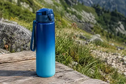 Gourde de randonnée bleue avec paille, couvercle rabattable et dragonne posée sur une table de bivouac.