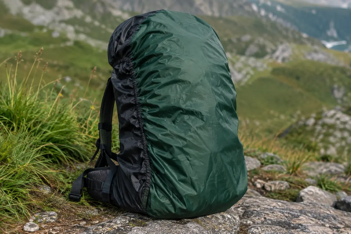 Housse de pluie noire et verte installée sur un sac à dos posé sur un sol minéral de montagne.