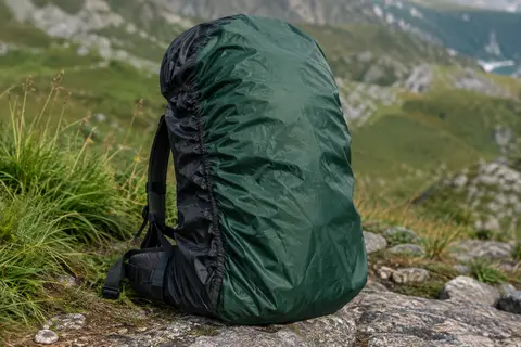 Housse de pluie noire et verte installée sur un sac à dos posé sur un sol minéral de montagne.