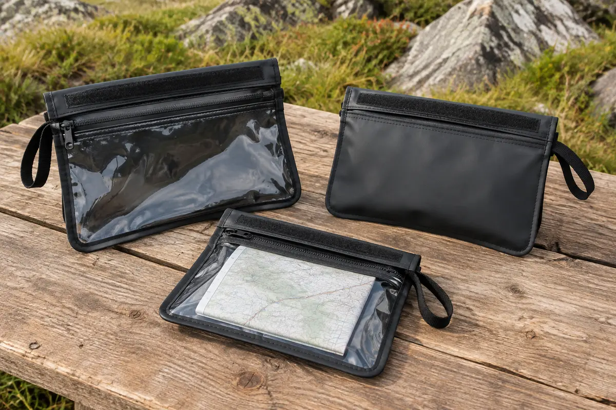 Trois pochettes étanches noires à face transparente posées sur une table de bivouac en bois brut.