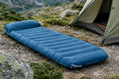 Matelas gonflable bleu avec oreiller intégré posé sur un sol minéral près d’une tente