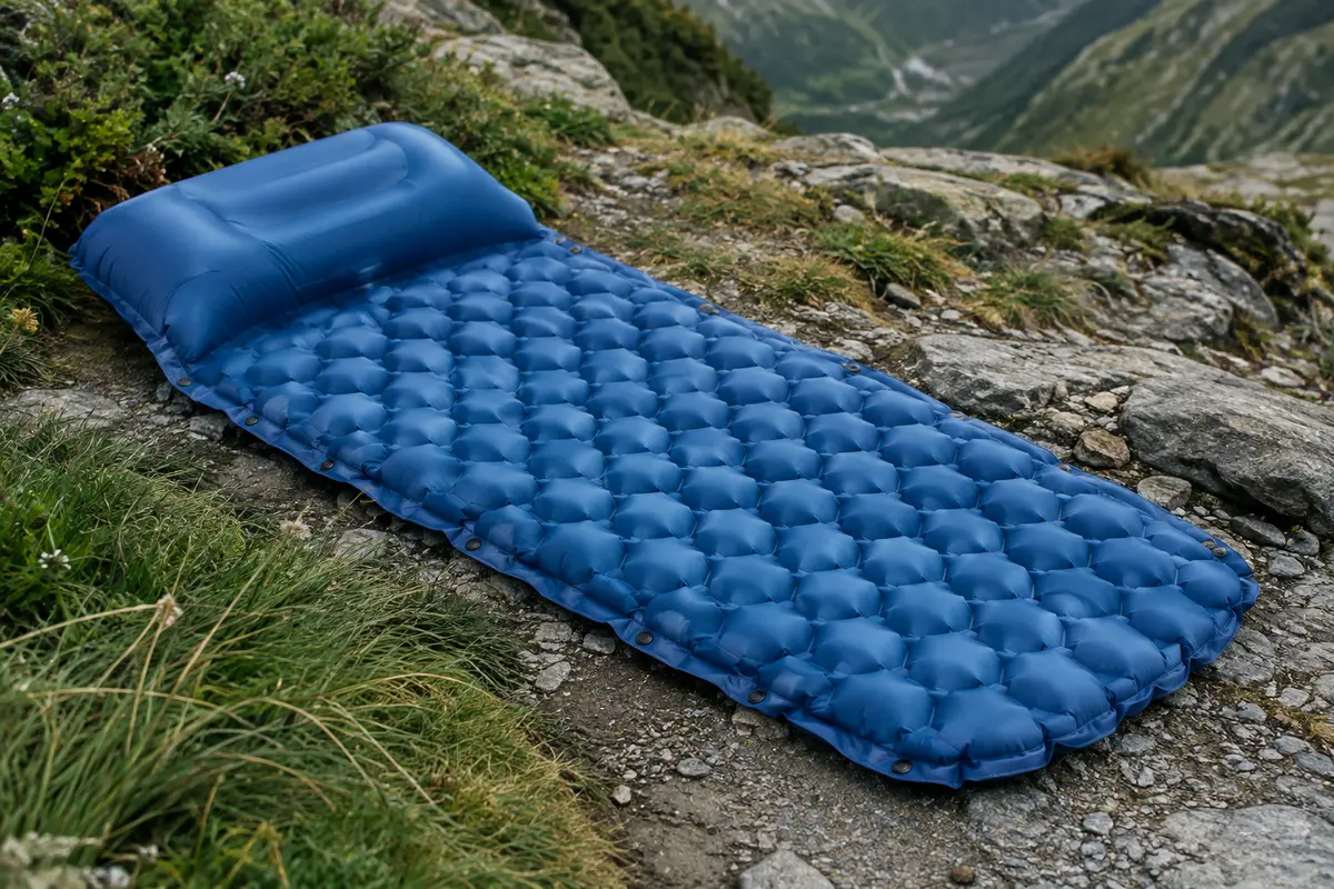 Matelas de randonnée bleu déployé sur un sol minéral, avec cellules alvéolées et oreiller intégré.
