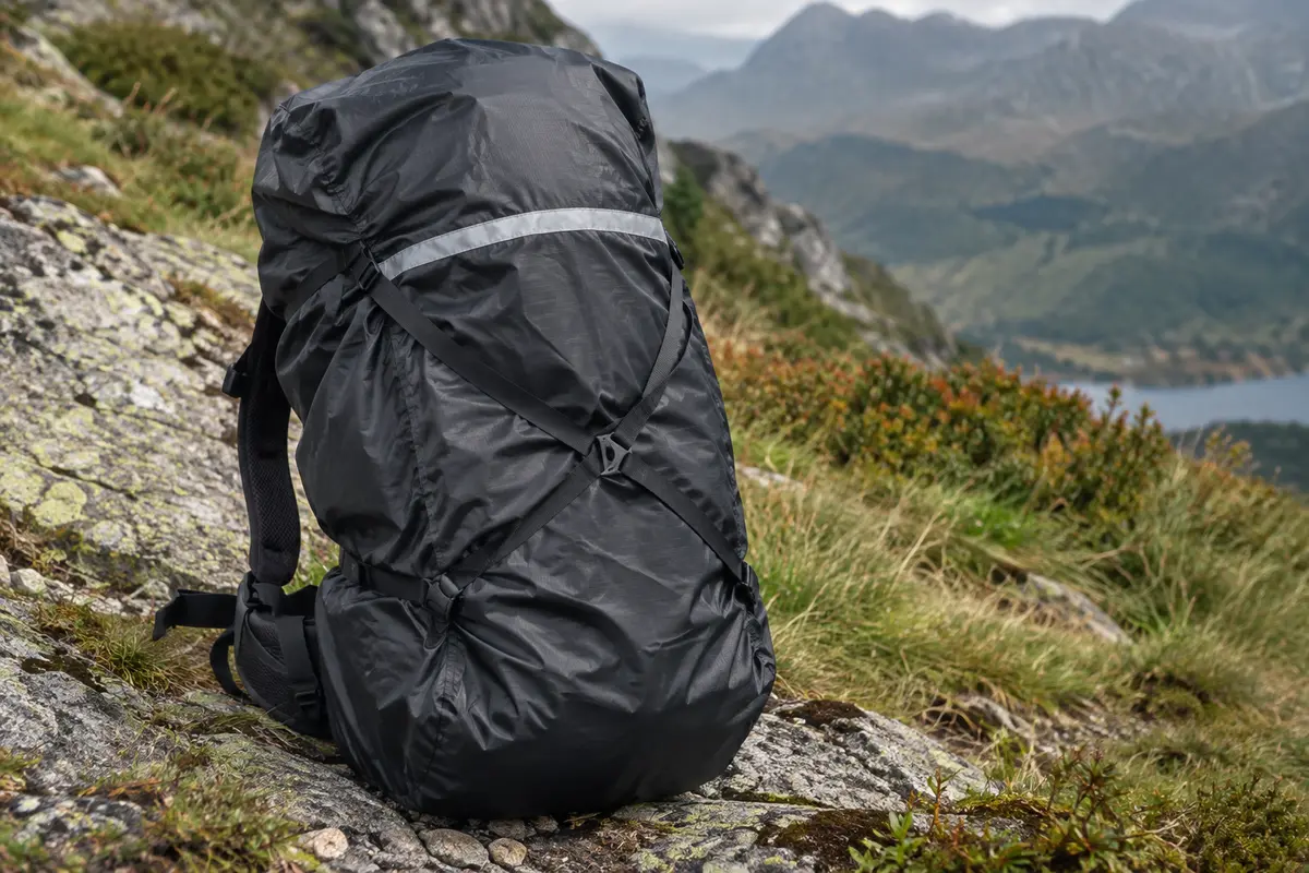 Housse de pluie noire à bande réfléchissante et sangles croisées installée sur un sac à dos en montagne.