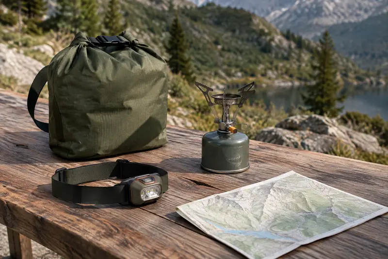 Équipement de randonnée disposé sur une table de bivouac en bois brut, prêt à être comparé