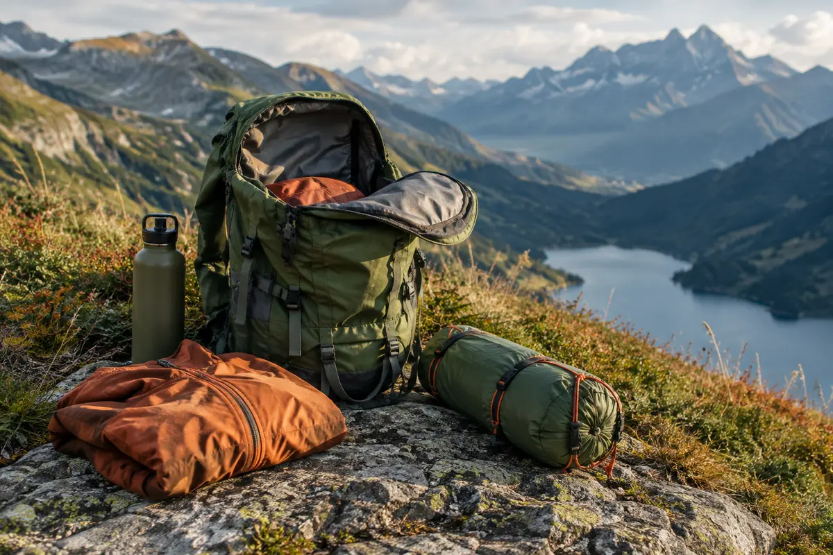 Sac de randonnée, gourde et tente réunis sur un sol minéral dans une ambiance de montagne